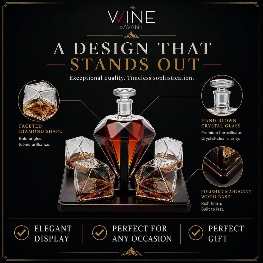 Ry Diamond Whiskey Decanter Set with 4 Matching Glasses & Mahogany Wood Base - 750ml Hand-Blown Borosilicate Glass - Set of 5