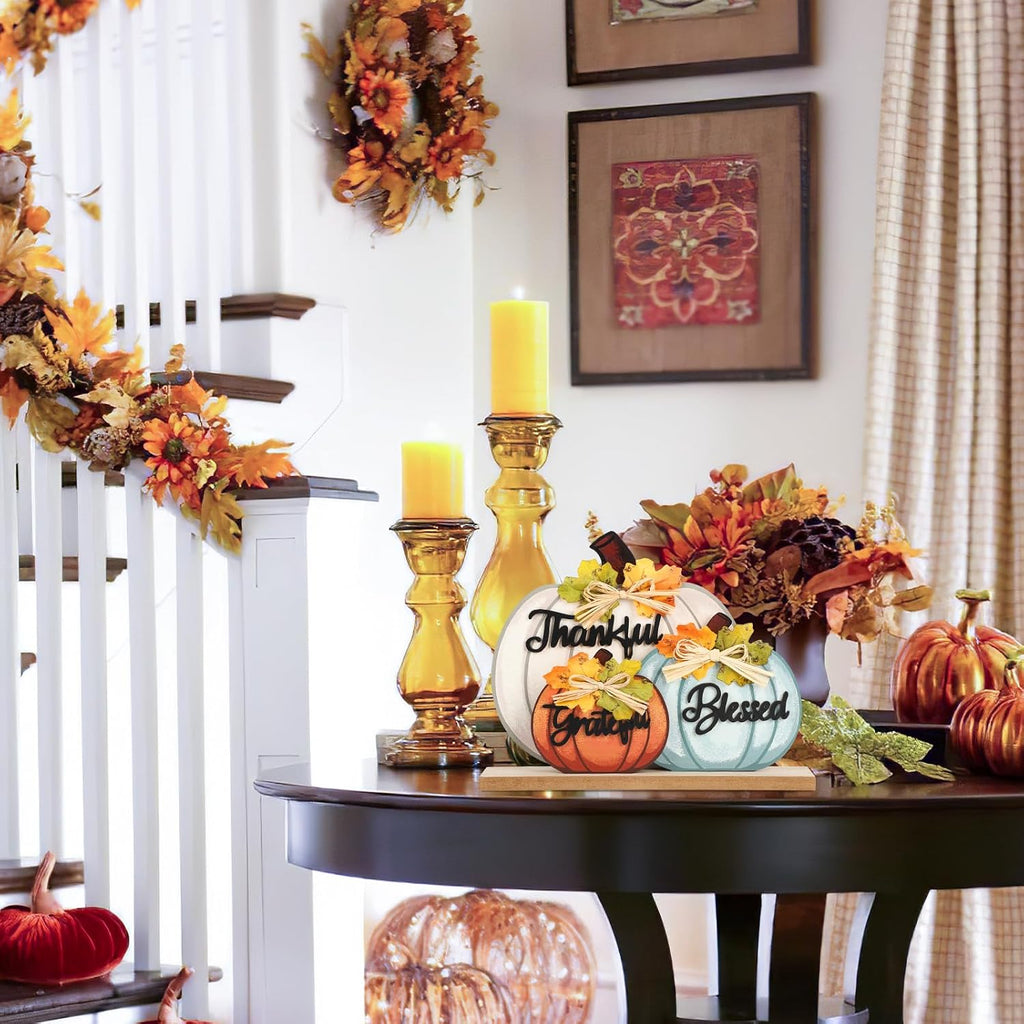 Fall Pumpkin Decor Wooden Table Sign Thankful Blessed Grateful Tabletop for Autumn Farmhouse Vintage - Set of 3