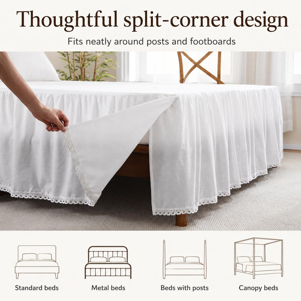 White Bed Skirt, 14-Inch Drop, 100% Cotton, Split Corners