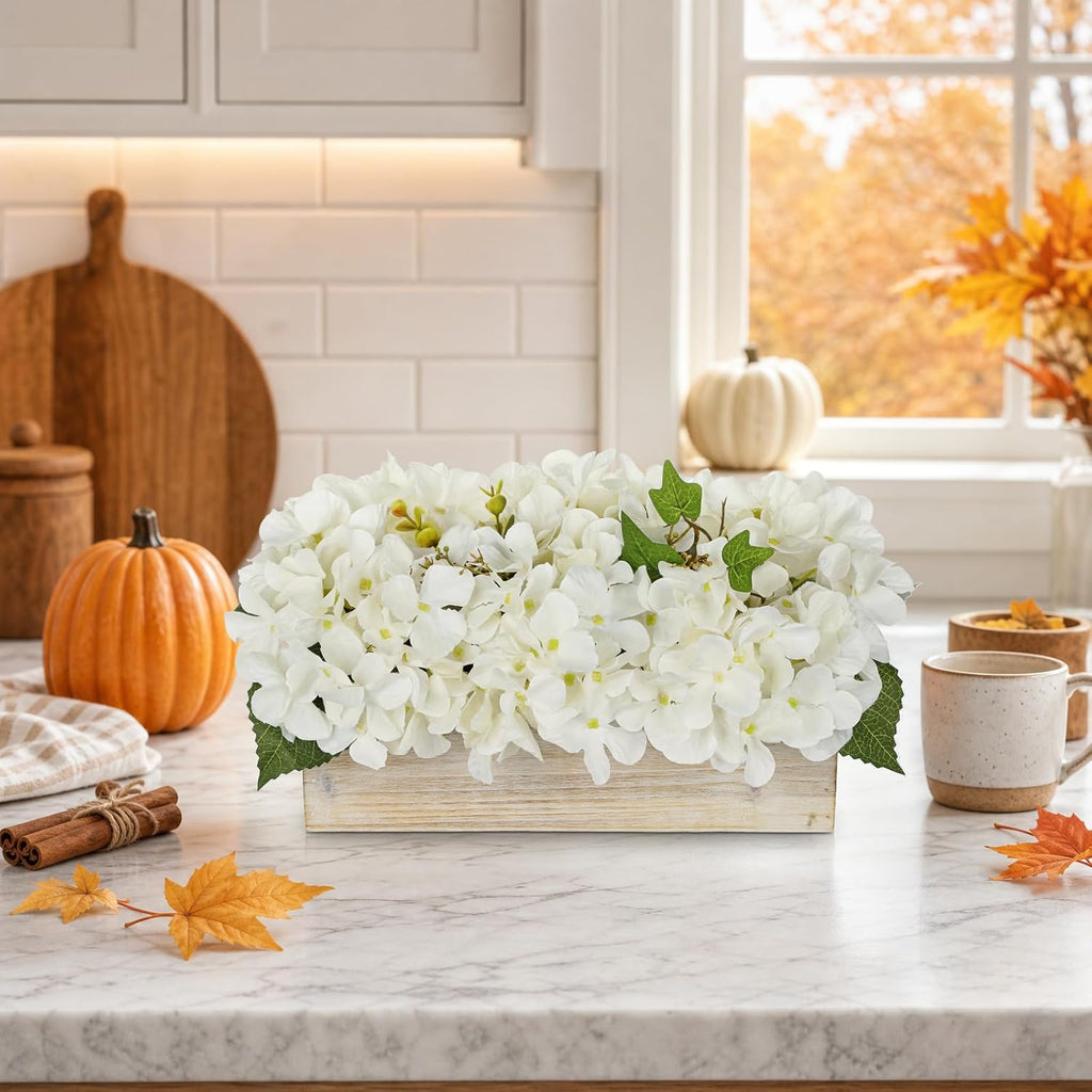 White Hydrangea Artificial Flowers in Wooden Pot Faux Silk Hydrangea Flowers Potted Fake Fall Flower Floral