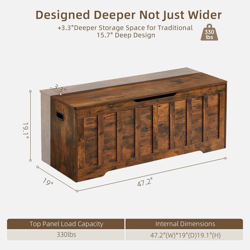 47.2"Storage Chest, 19"Extra-Deep Storage Bench, 72 Gal, Rustic Brown