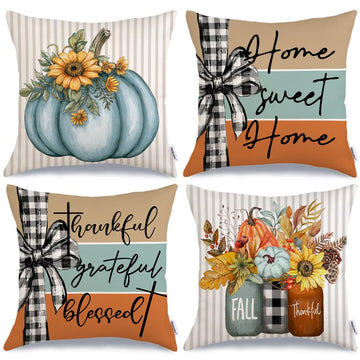 Fall Pumpkin Sunflowers Pillow Covers 20x20 Inch Set of 4, Mason Jars Sweet Home Buffalo Plaid Bowknot Autumn