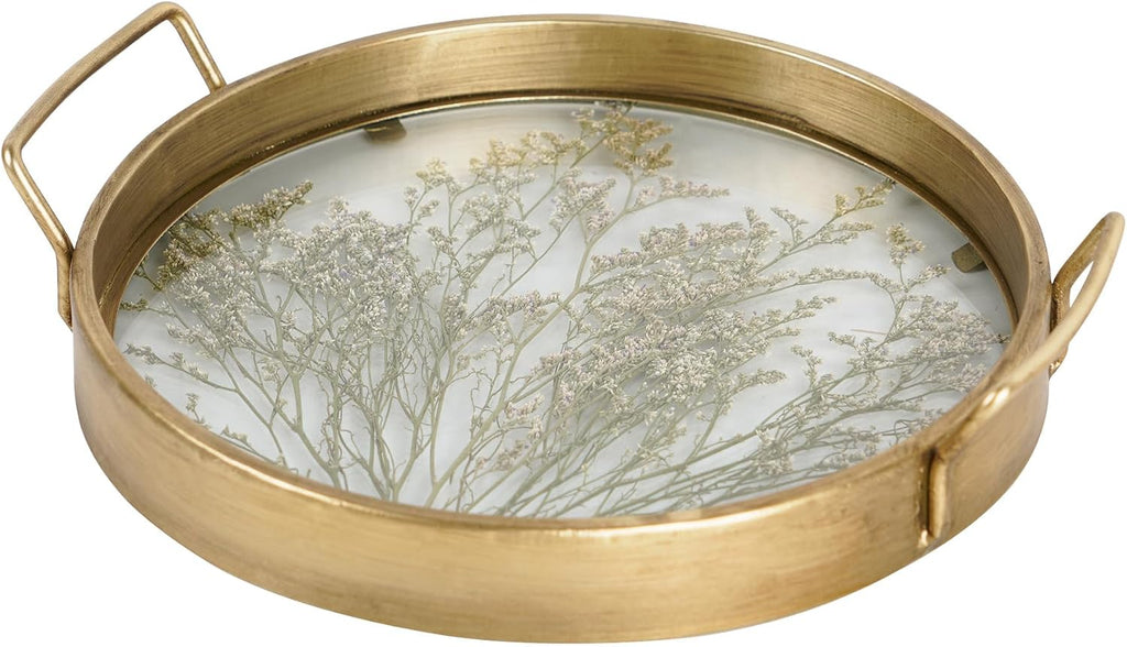 Decorative Tray with Natural Dried Botanical Grass, Round Gold Metal Frame, Mirror Glass Serving Tray, Vintage
