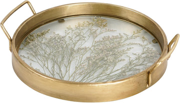 Decorative Tray with Natural Dried Botanical Grass, Round Gold Metal Frame, Mirror Glass Serving Tray, Vintage
