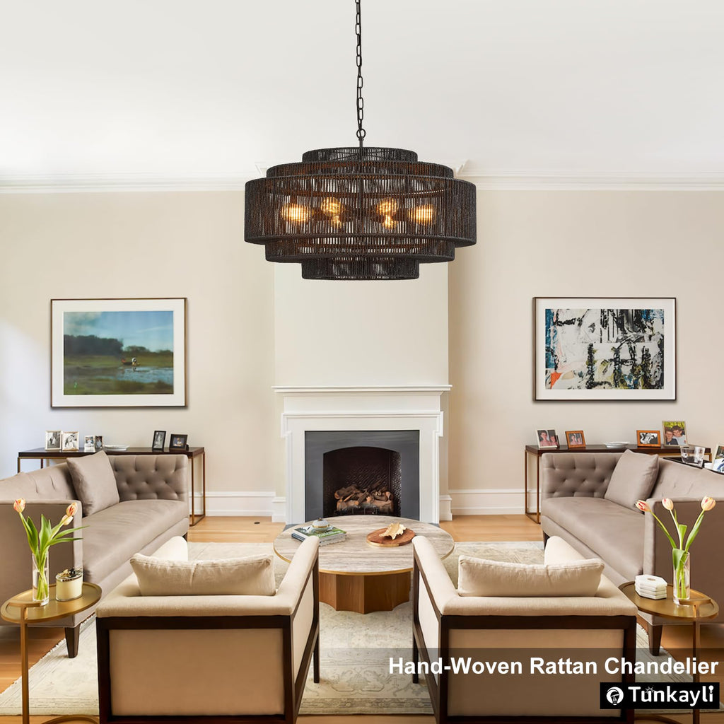31.5" Large Black Rattan Chandelier, 8-Light Drum Light Fixture