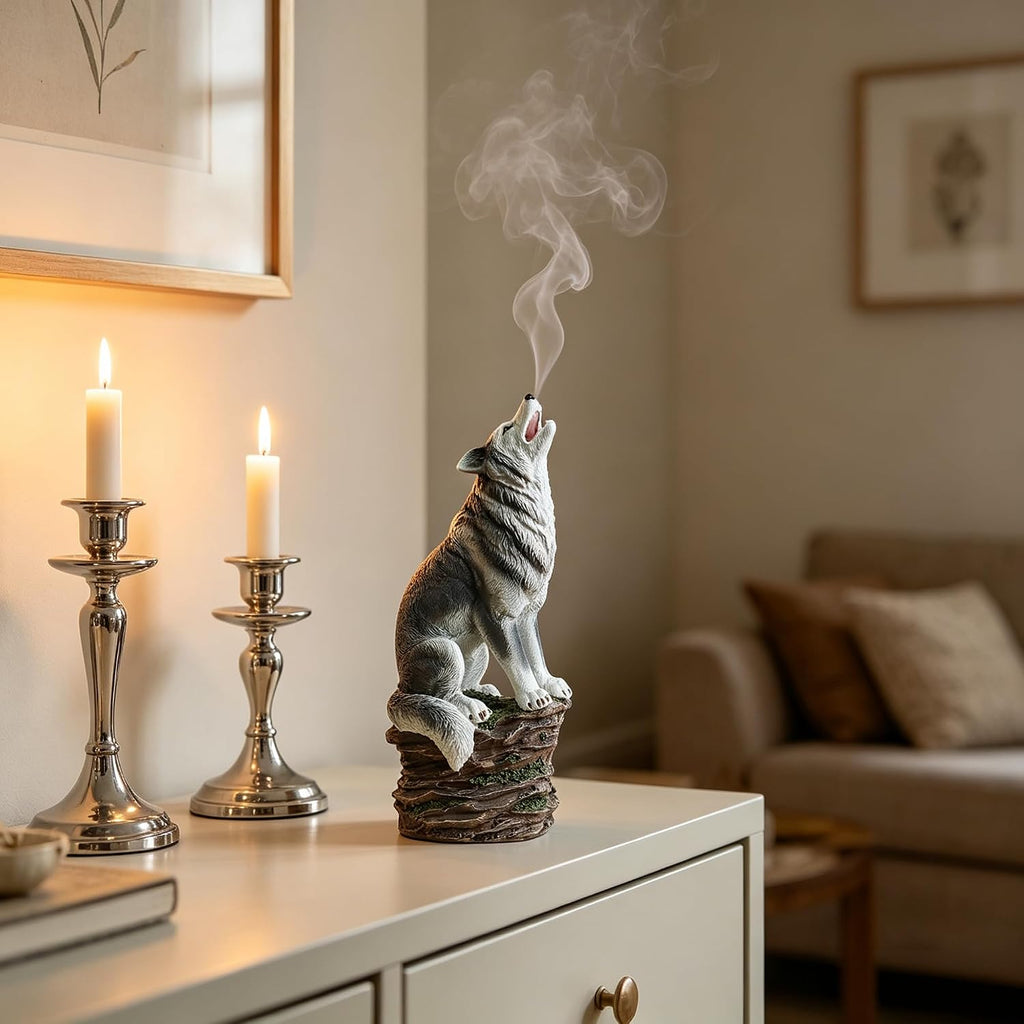Incense Burner, Cone Incense Holder, Resin Wolf Décor 12 Inch Height, Aromatic Ambiance, Ideal Décor, Office