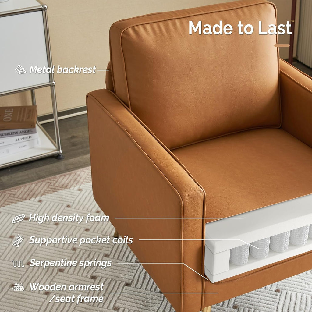 PU Leather Accent Chair Brown Mid Century Modern Upholstered Sofa Chairs with Arms, Gold Legs