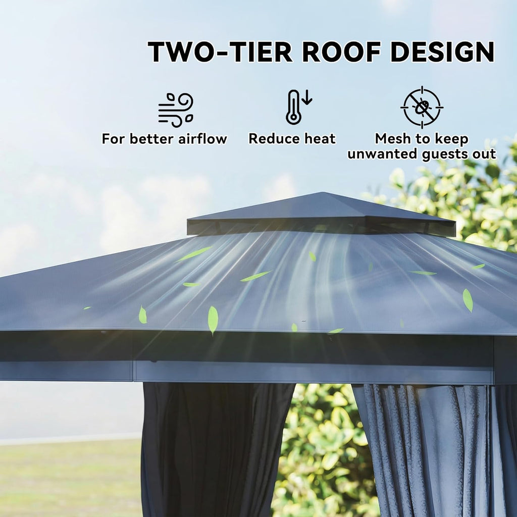 10' x 12' Outdoor Patio Gazebo, Heavy Duty Gazebo Canopy Shelter with Double Roof, Curtains, Netting, Steel Frame