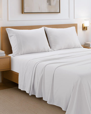 Flannel Bed Sheets Queen Size - 100% Cotton Breathable - White