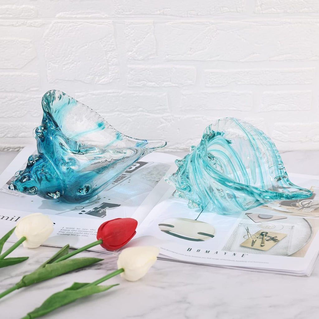 Hand-blown glass conch sculpture, modern green sea glass art decorative conch statue, coastal decor shell sculpture - Set of 20