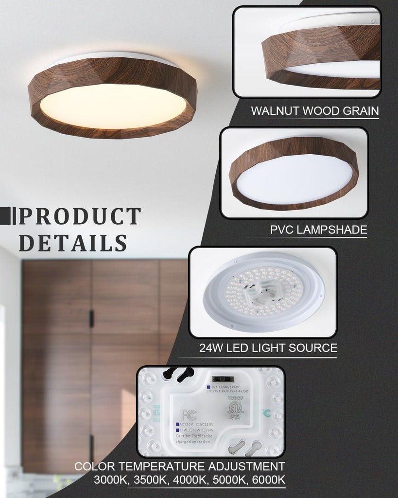 12 inch LED Flush Mount Ceiling Light Fixture, 3000K 4000K 5000K Adjustable Ceiling Lights, Farmhouse Oak Wood Grain