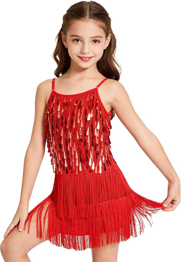 2Pcs Girls Sequin Fringe Dress & Shorts, 1920s Flapper Latin Dance