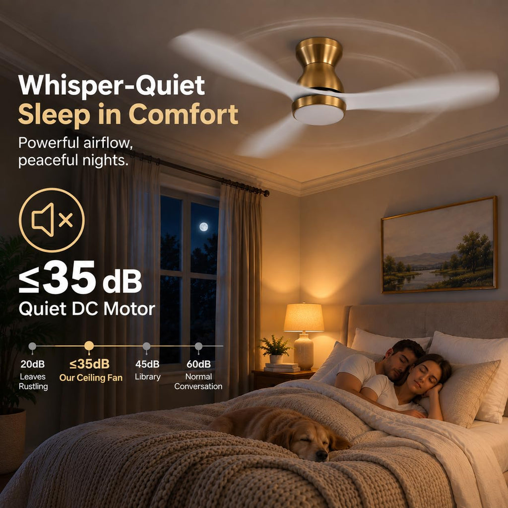52 Inch White Ceiling Fan with Light, Solid Wood Blades, White and Gold Low Profile Ceiling Fan with Remote & APP