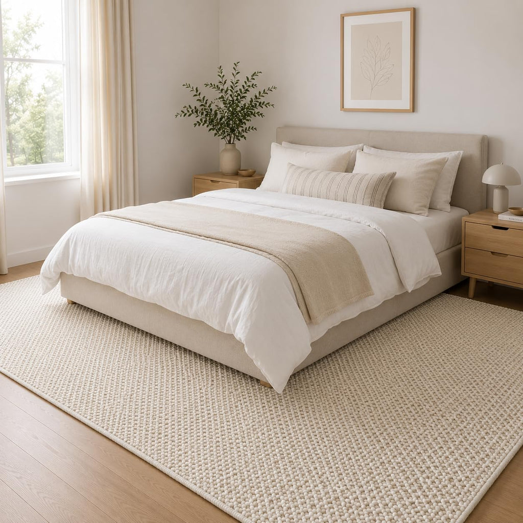 Handwoven Wool Area Rug - Hand Woven Natural Rugs- (Ivory- 9'x12')