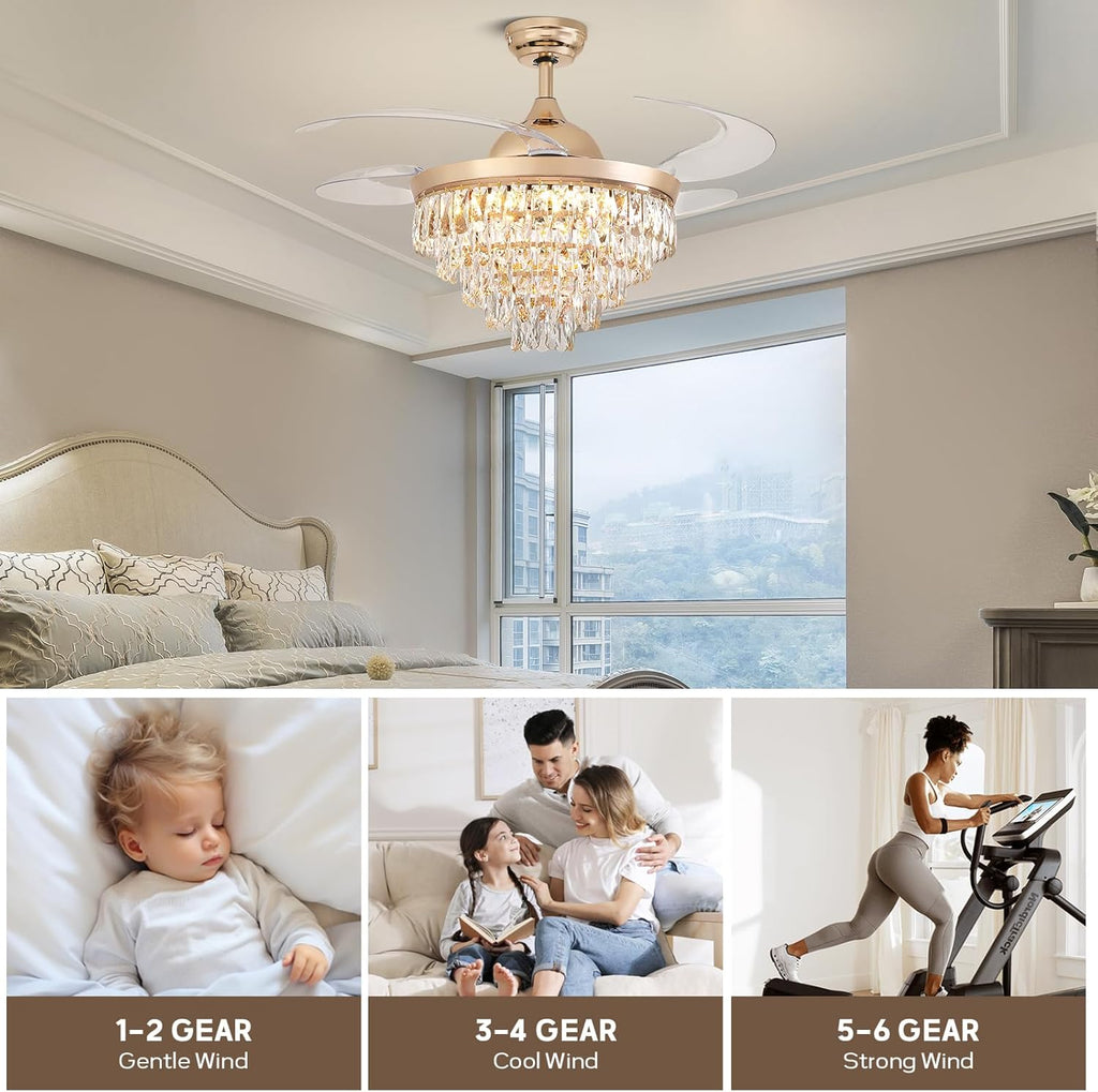 48" Crystal Ceiling Fans with Lights and Remote, Dimmable, 6 Speeds, Luxury Chandelier Fan Rose Gold Crystal Fandelier