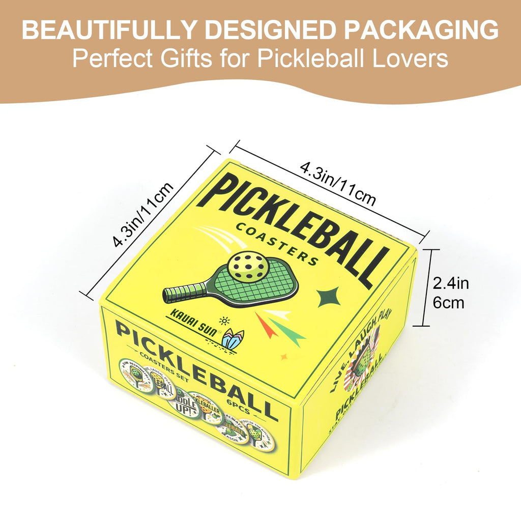 TM Pickleball Themed Coaster Set, 6 Pieces, Ceramic, Vibrant Designs, Inspirational Quotes, Metal Holder, Gift