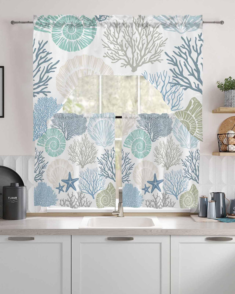 Kitchen Curtains Sets 24 Inch Length with Valance, Ocean Coral Seashell Starfish Abstract Swag Valances for Windows