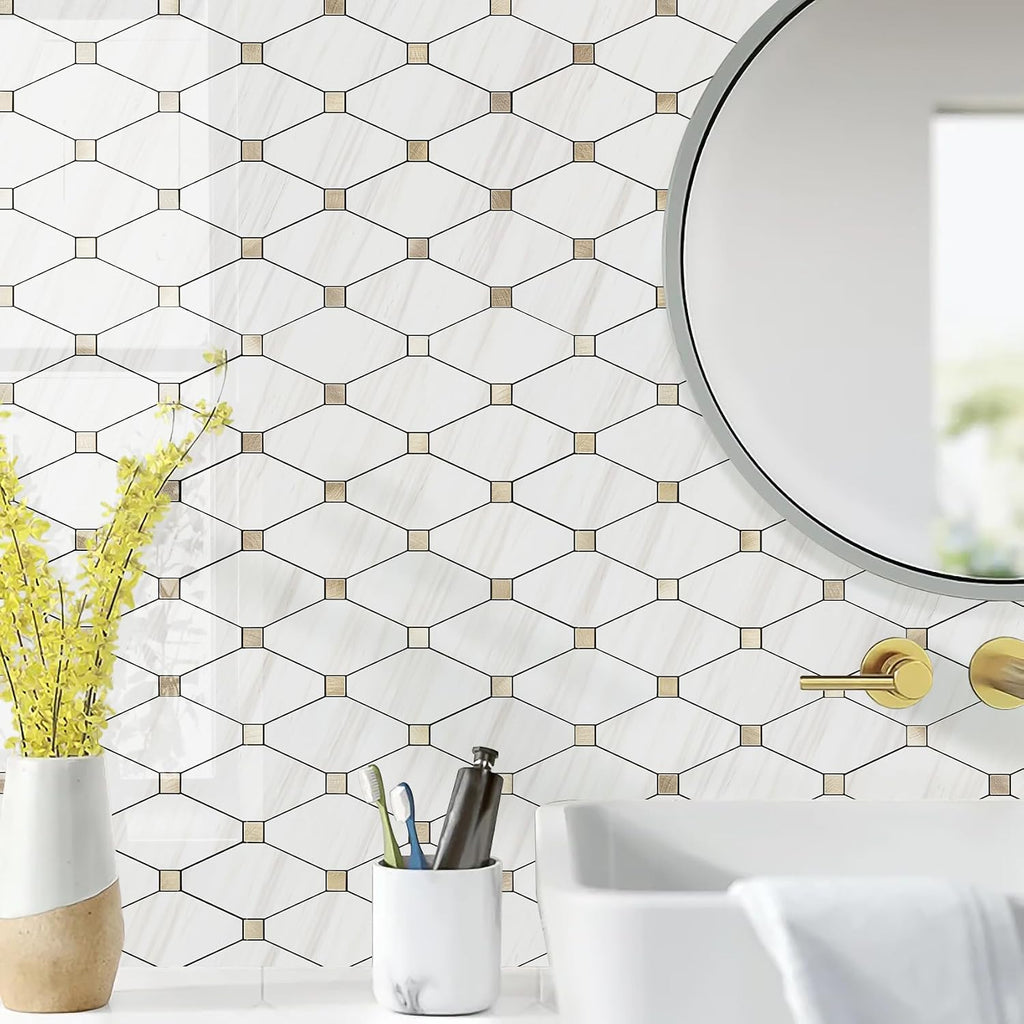 10 Sheets Peel and Stick Backsplash, Polished Dolomite PVC Mixed Metal Gold Kitchen Backsplash, Stick on Backsplash