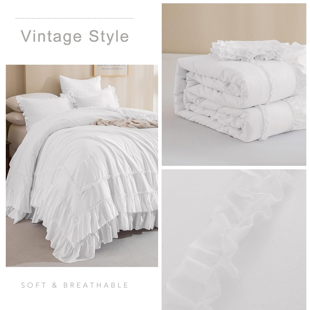 3PCs Natural White Ruffled Comforter 120x120, Shabby Boho Chic Farmhouse Ruffle Bed Comforter Set