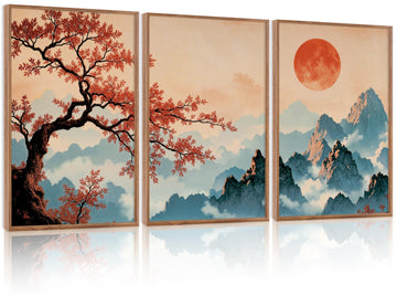 Large Boho Mountain Sunset Framed Canvas Wall Art Set of 3(16"X24")Pine Tree Red Flowers Wall Decor, Chinese Style
