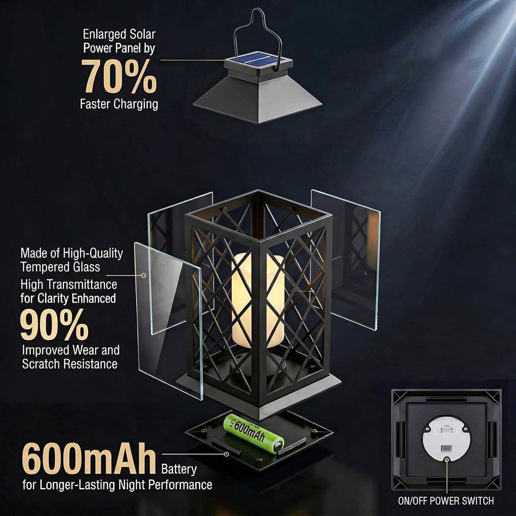 2 Pack 14" Large Tempered Glass Solar Lanterns Outdoor Waterproof