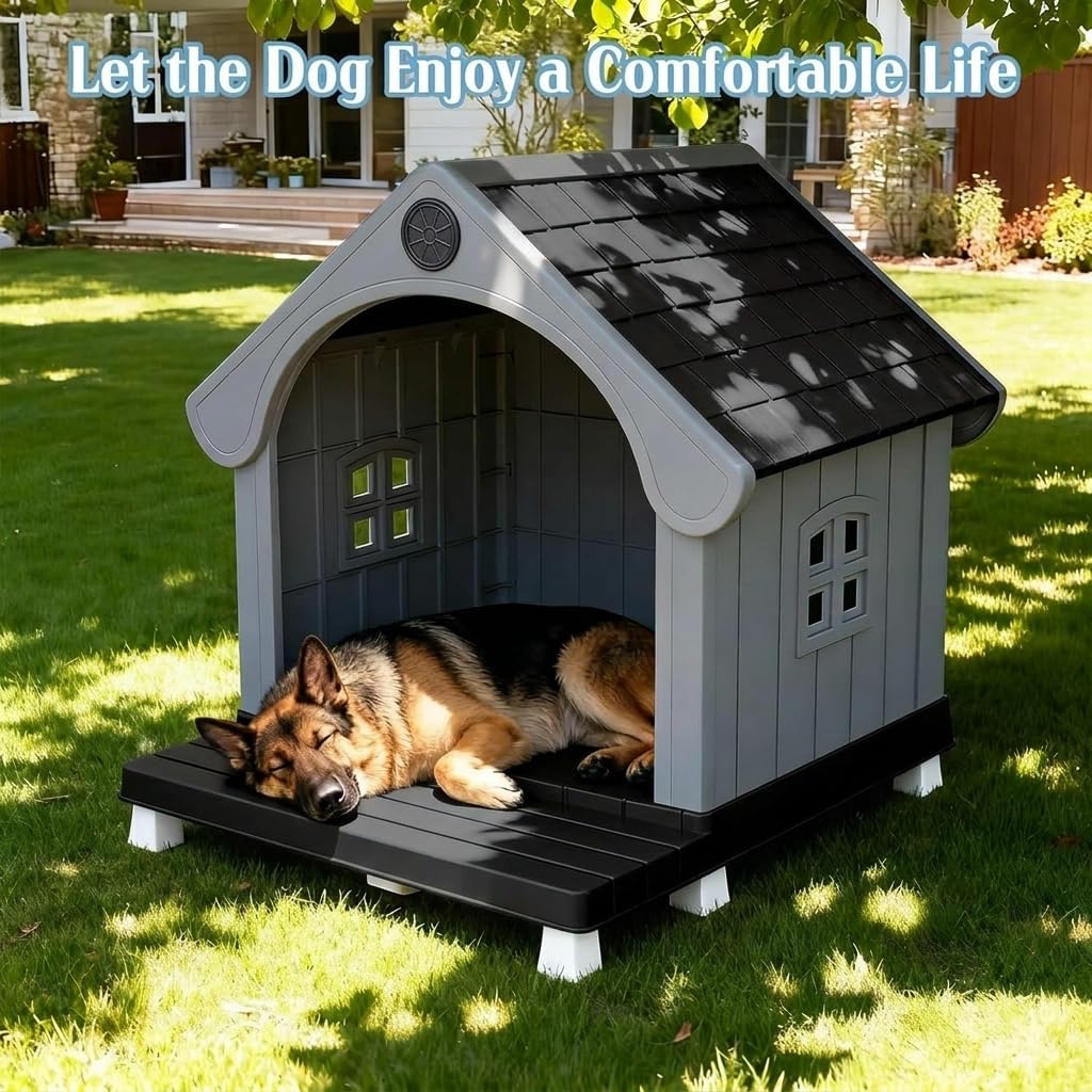 Large Dog House Outdoor, Plastic Weatherproof Dog House with Elevated Floor and Open Front, Easy to Clean & Assemble