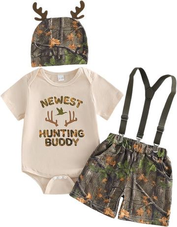 Newborn Baby Boy Clothes Hunting Short Sleeve Romper Shirt Tops Removable Strap Shorts Summer Outfits Hat Set