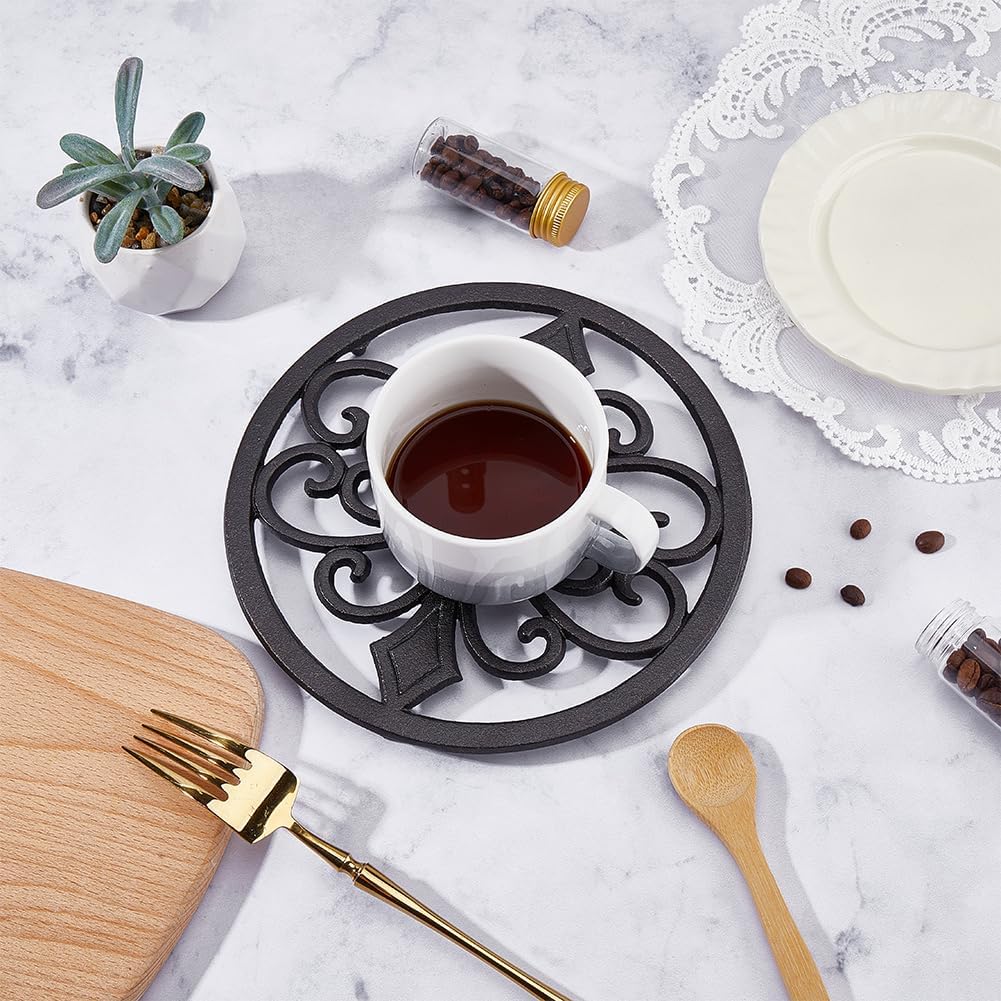 Decorative Cast Iron Trivet 8 Inch Heavy Duty Round Metal Hot Pot Holder for Dining Table and Kitchen Countertop