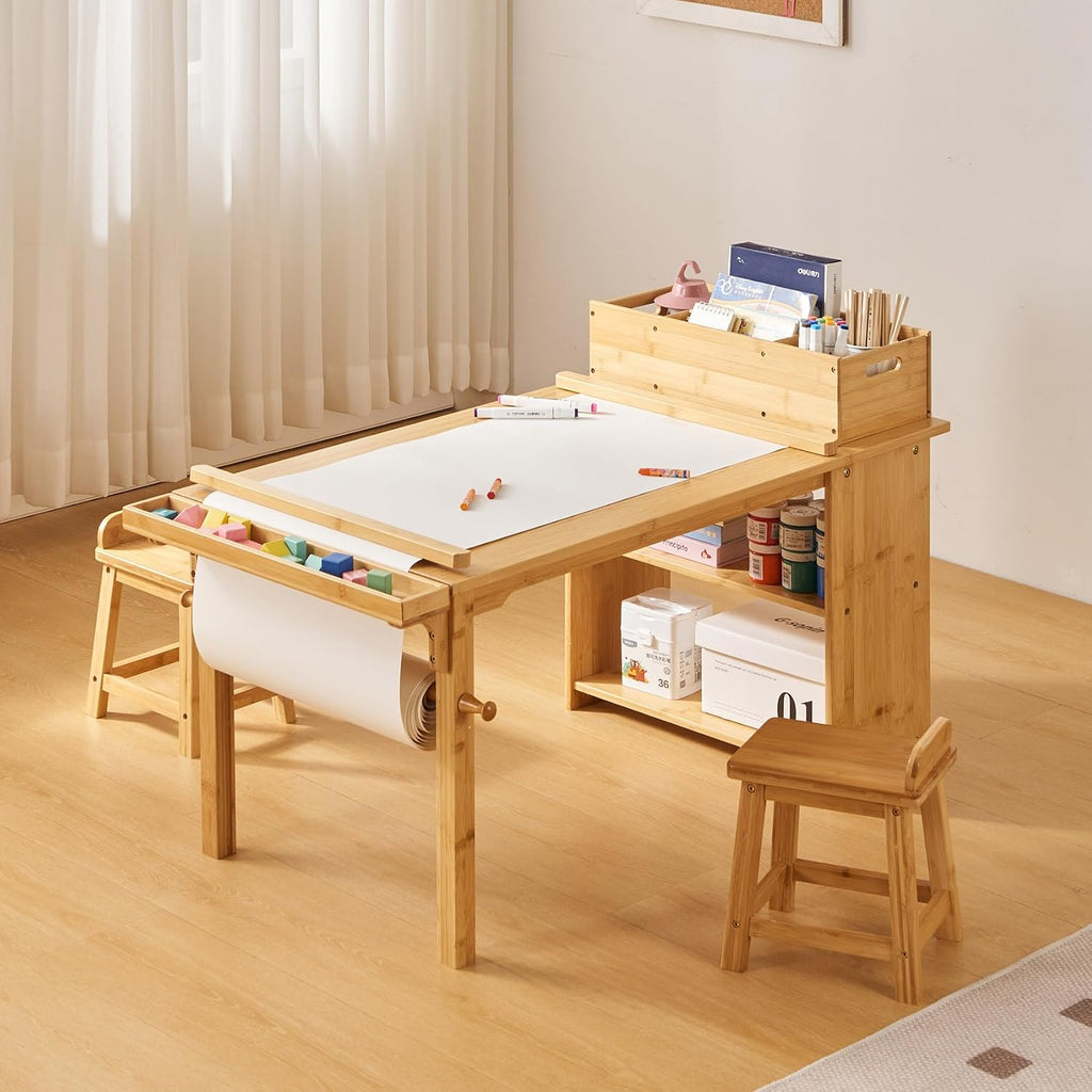 Kids Art Table and Chair Set with Paper Roll Holder, Toddler Craft Table with Storage Shelves, Side Supply Tray