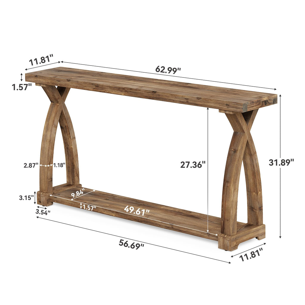 Solid Wood Console Table, 63-Inch Narrow Farmhouse Couch Table Behind Sofa with 2-Tier Storage for Entrance, Foyer