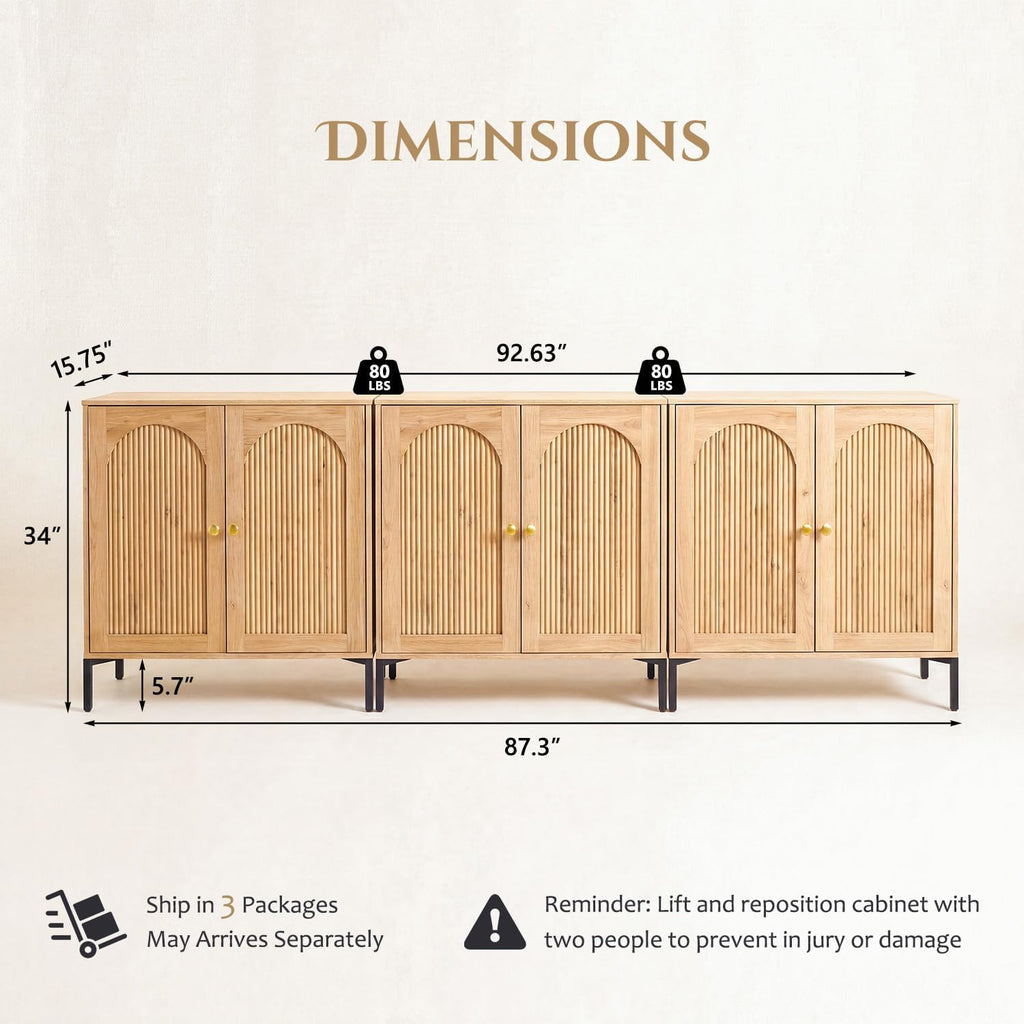 92.63" W Mid Century Modern TV Stands, Wood Entertainment Center w/Adjustable Shelves, Media Console Cabinet w/Arched