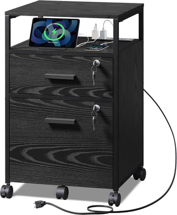2 Drawer File Cabinet with Lock and Charging Station | Wood Filing Cabinet fits A4 or Letter Size, Mobile Printer