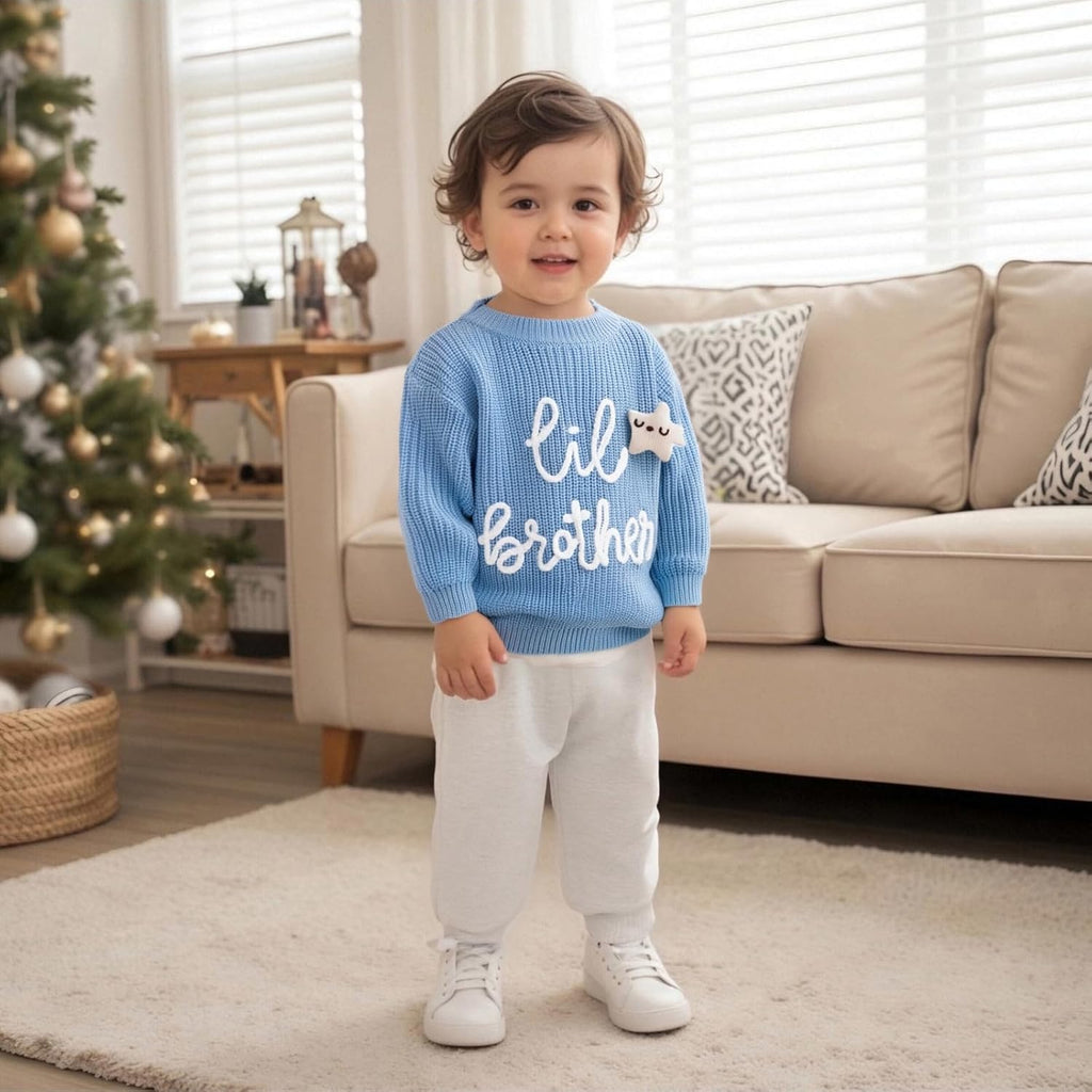 Newborn Baby Boy Knit Sweater Outfit Little Lil Brother Long Sleeve Letter Embroidery Top Sweatshirt Infant Fall