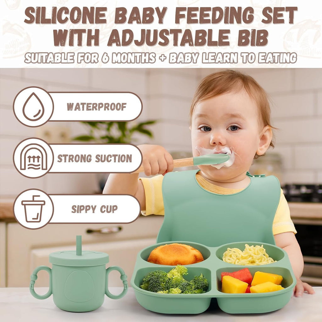 Feeding Set, Baby Led Weaning Supplies, Baby Food Tableware Silicone Suction Plate, Bowl, Spoons, Fork, Waterproof