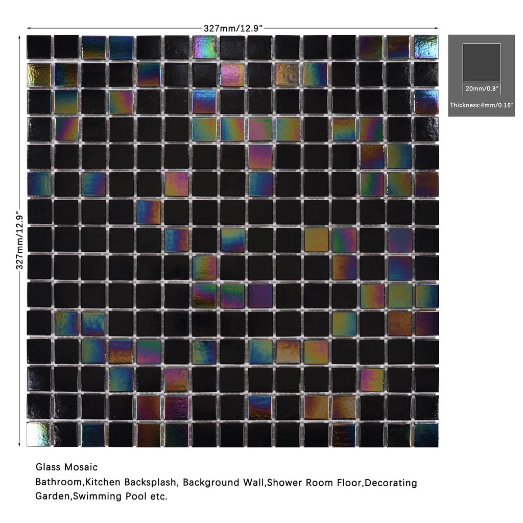 11.5 sq.ft Iridescent Black Glass Mosaic Tile for Bath, Pool, Backsplash