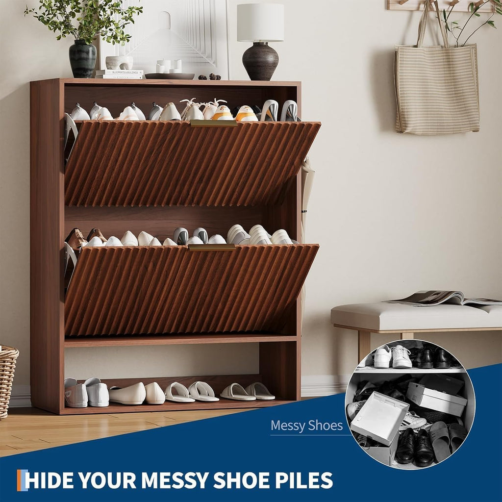 Shoe Cabinet , Narrow Freestanding Shoe Cabinet Storage with 2 Flip Drawers, Open Bottom Shelf & Side Hooks, Slim