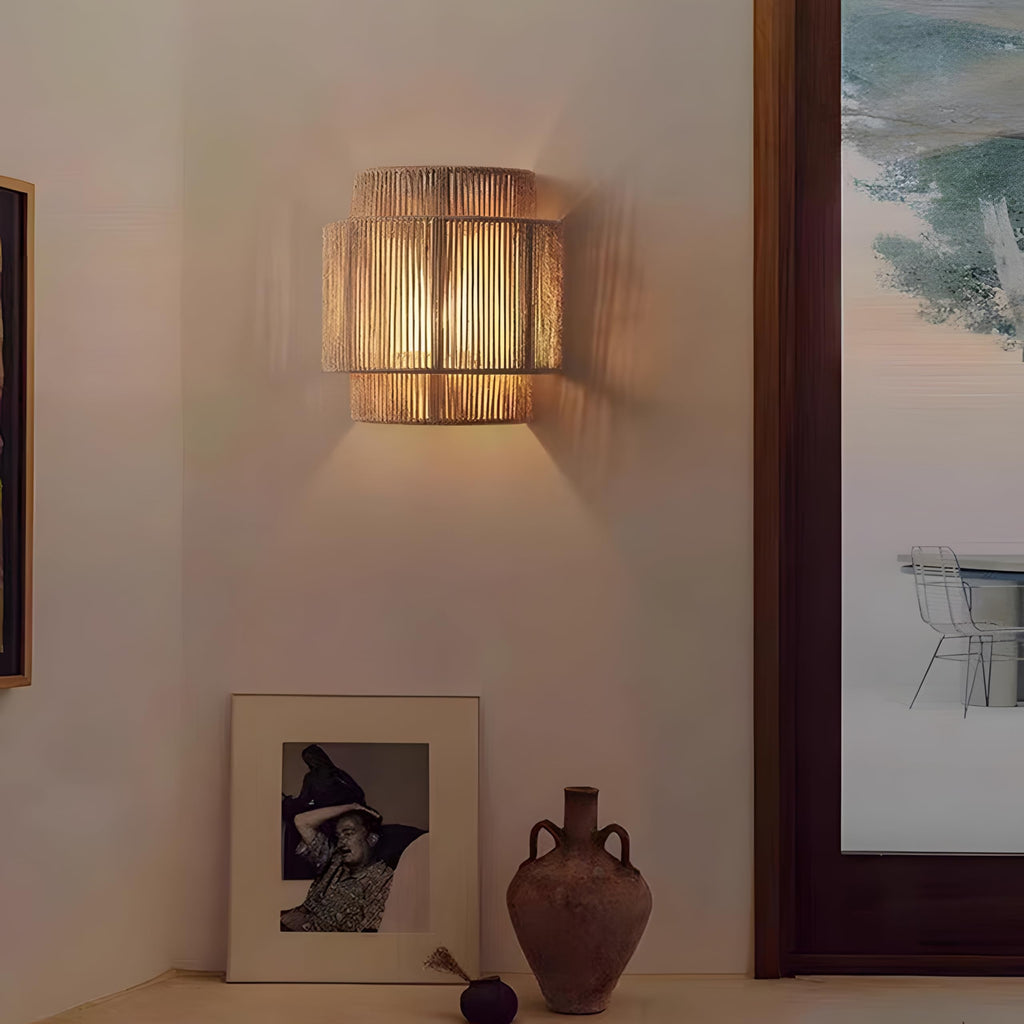 Boho Wall Light, Rattan Wall Sconce with Hand Woven Hemp Rope Shade