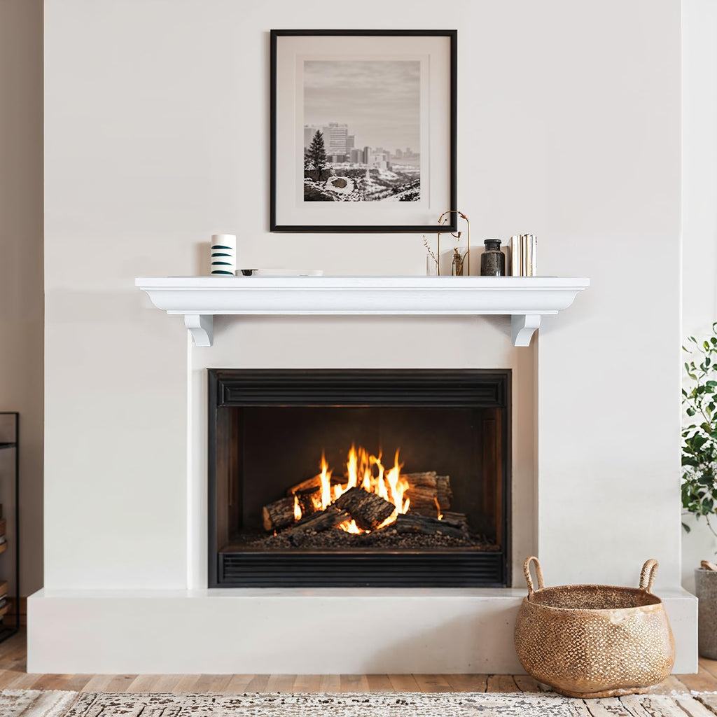 48 Inch Fireplace Mantel Shelf with Corbels, Rustic Floating Shelf, White