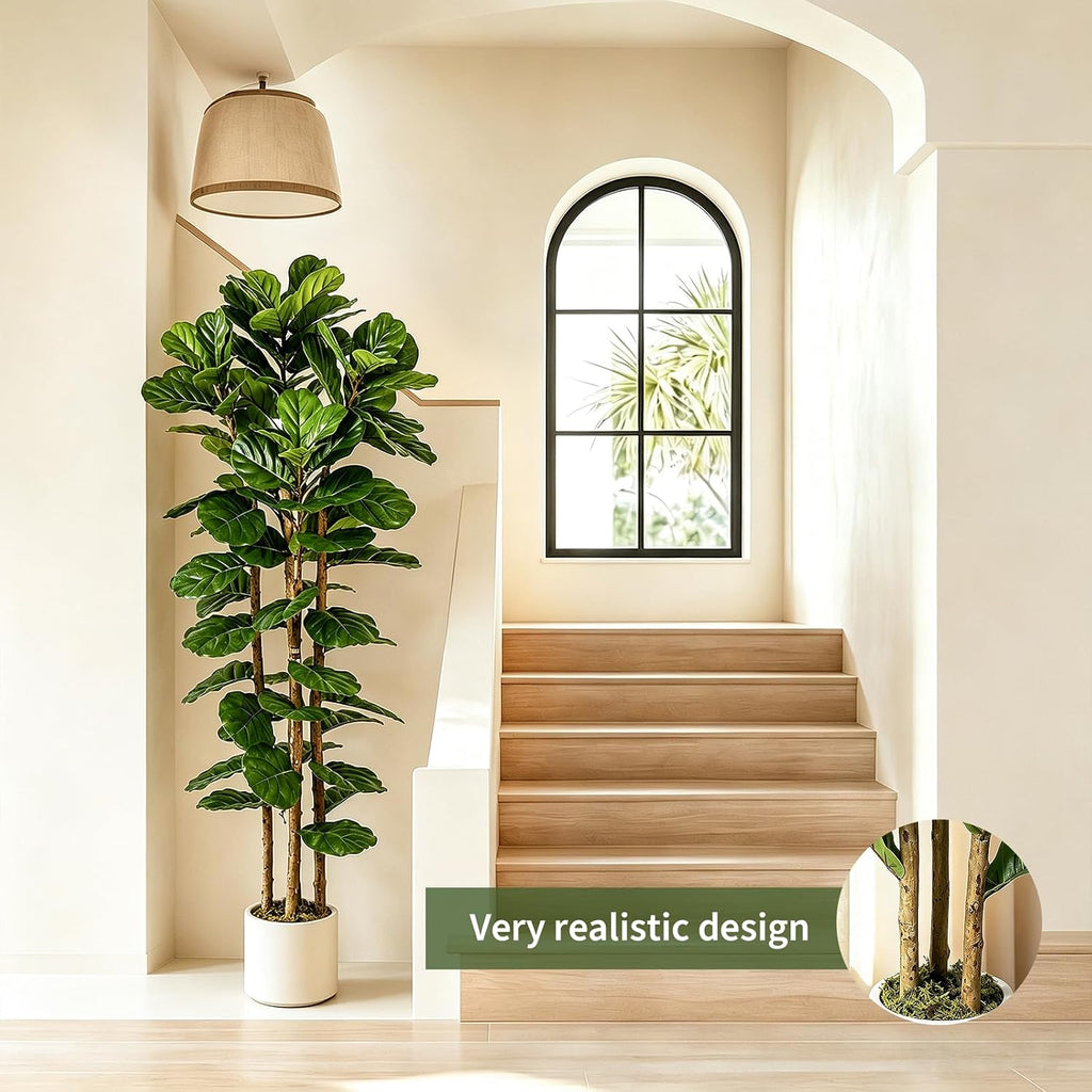 6 ft Artificial Fiddle Leaf Fig Tree, Tall Faux Ficus Lyrata Tree with White Planter Home Decor Office Living Room
