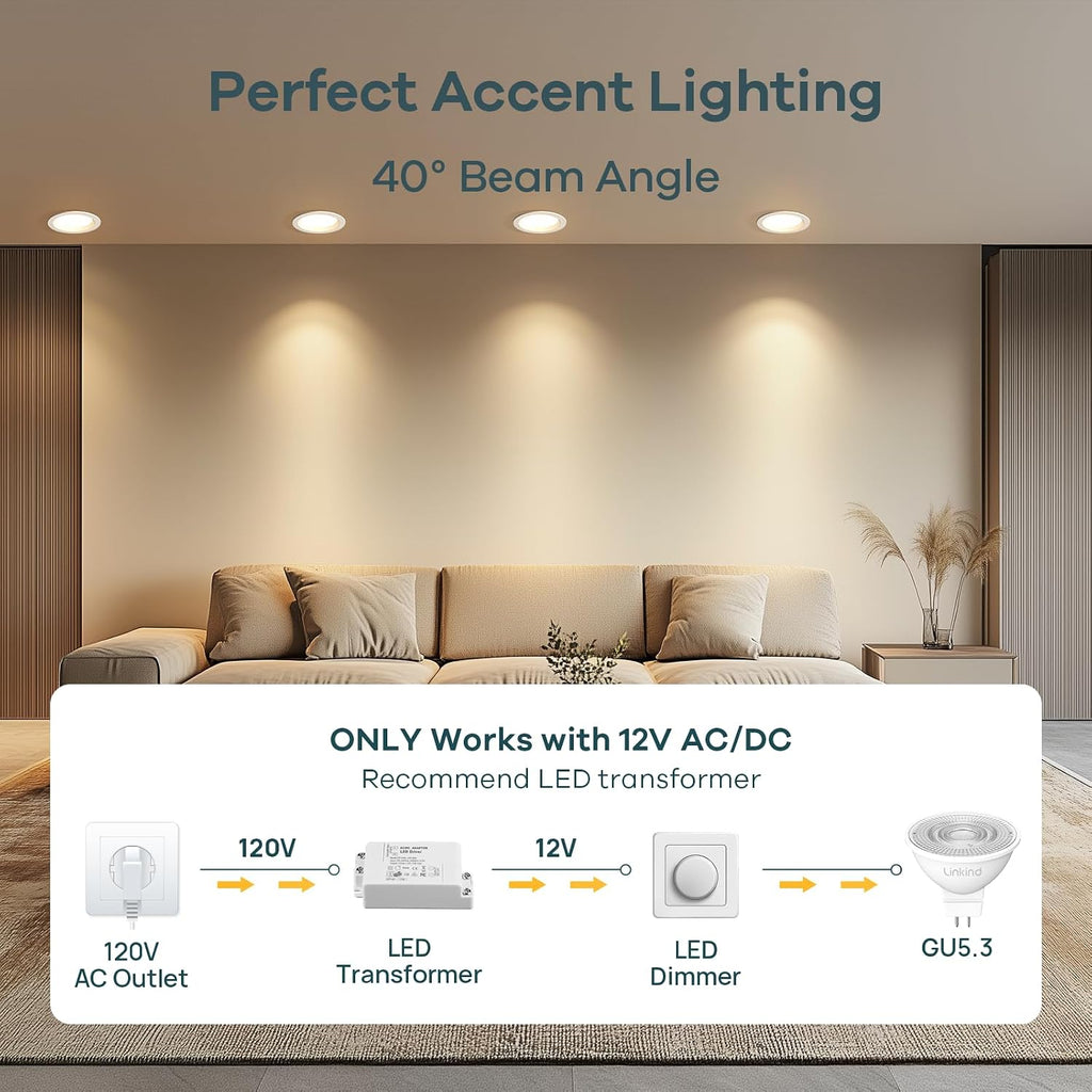 Dimmable MR16 LED Bulbs, 50W Equivalent GU5.3 Bi-Pin Base, 12V Low Voltage 5W 2700K Soft White 500lm 40° Beam Angle
