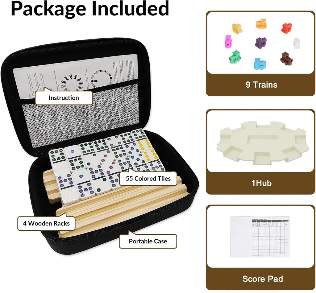 Double 9 Dominoes Set with 4 Wooden Trays/Racks, Double Nine Dominos Travel Set with 4 Domino Tiles Holders, 55 Tiles