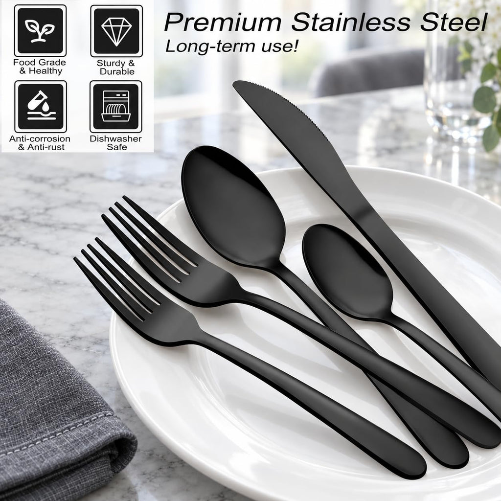 72P Black Silverware Set for 12 - Stainless Steel Flatware Set with Mirror Polish, Black Silverware Set Including