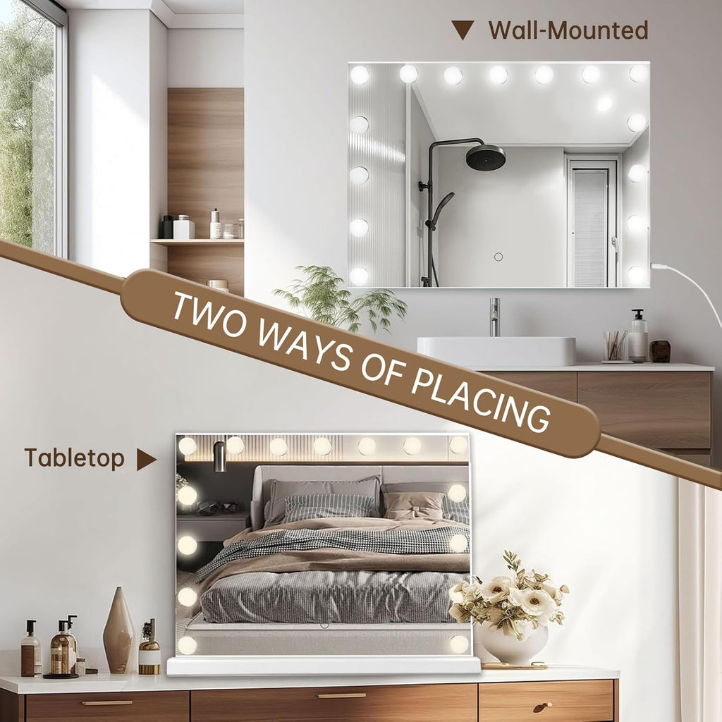 Hollywood Vanity Mirror with Lights, 23"x18" Lighted Makeup Mirror with 10x Magnification for Desk/Wall Mount, 15 Led