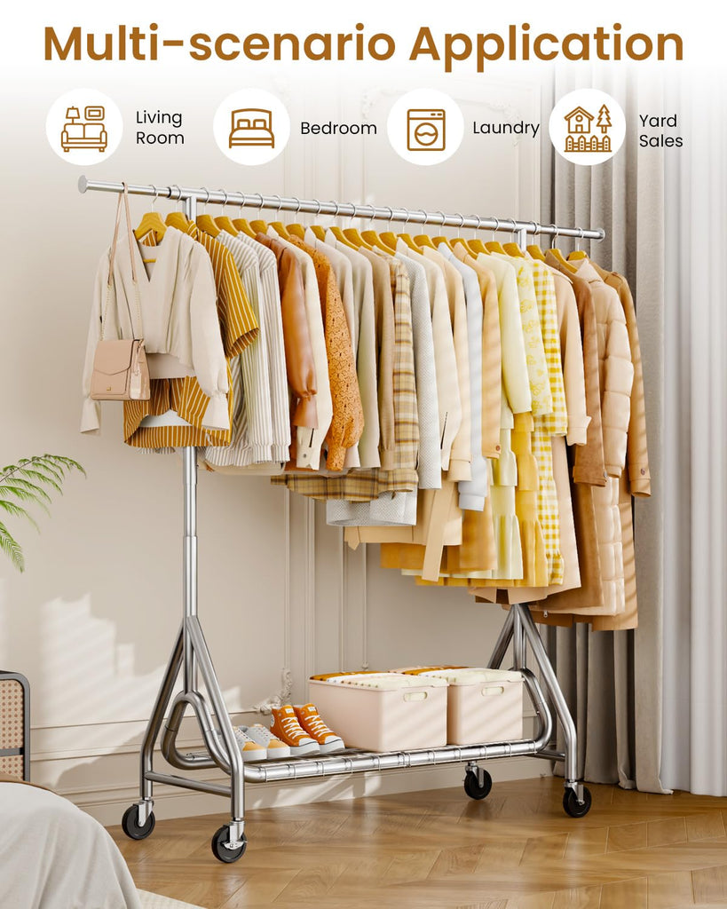 Heavy Duty Clothes Rack for Hanging Clothes with Wheels, Silver