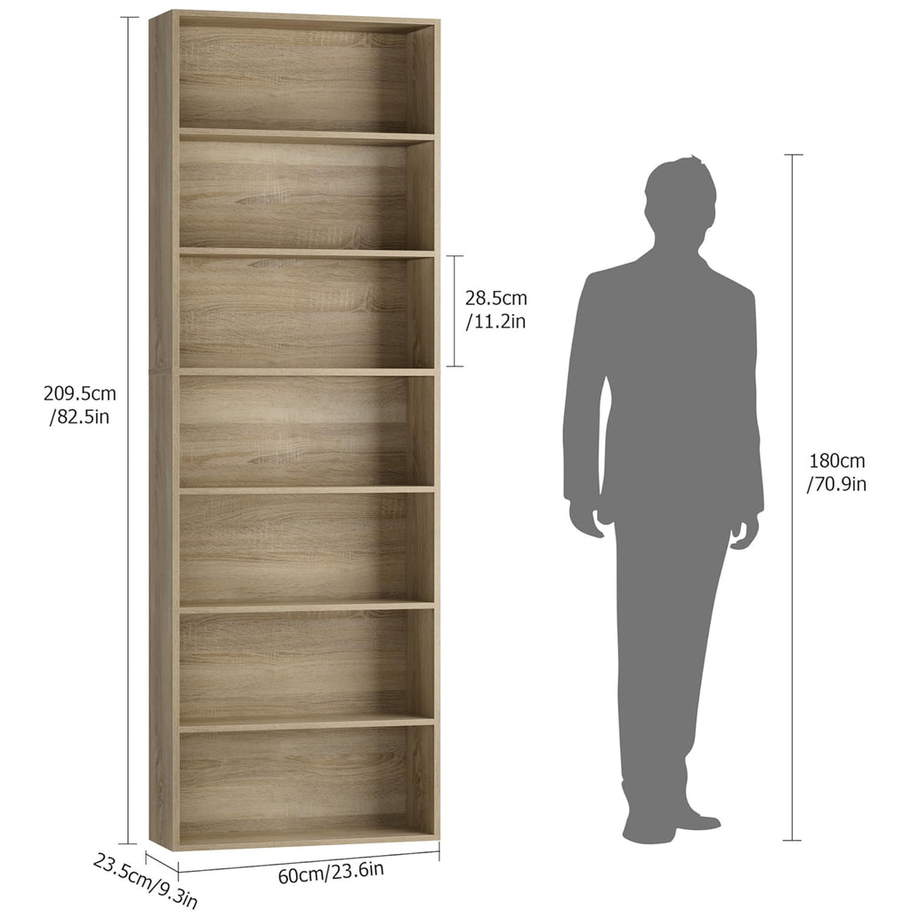 82" Tall Bookshelf Bookcase 7-Tier Open Display Shelves, Light Oak
