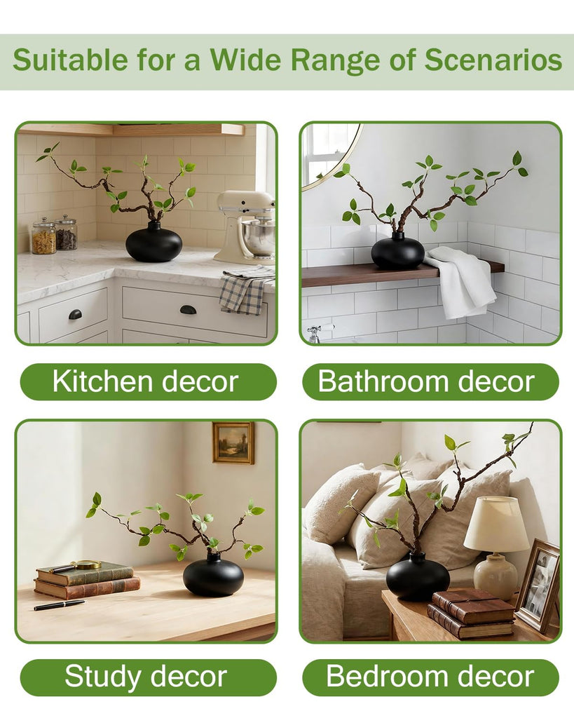 Vase with Greenery, 1 pc Artificial Stem with Black Vase, 20" Decorative Fake Plants Indoor, Small Plant Living Room
