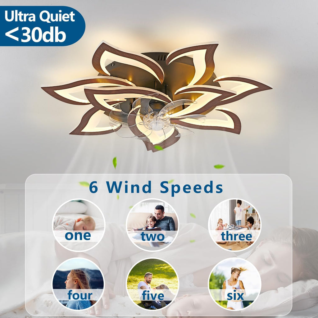 Modern Ceiling Fan with Lights Remote Control, 32" Wood Ceiling Fan with Light, 6 Speeds 3 Light Color Low Profile