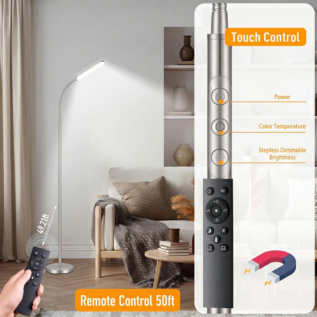 Silver Modern Floor Lamp, 18W 1800LM Bright LED, Touch Control & Memory Function, Dimmable Timing Eye-Caring Lamp