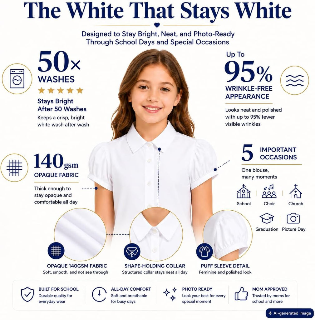 White Wrinkle-Free Girls Blouse: School Uniform Cotton Shirt