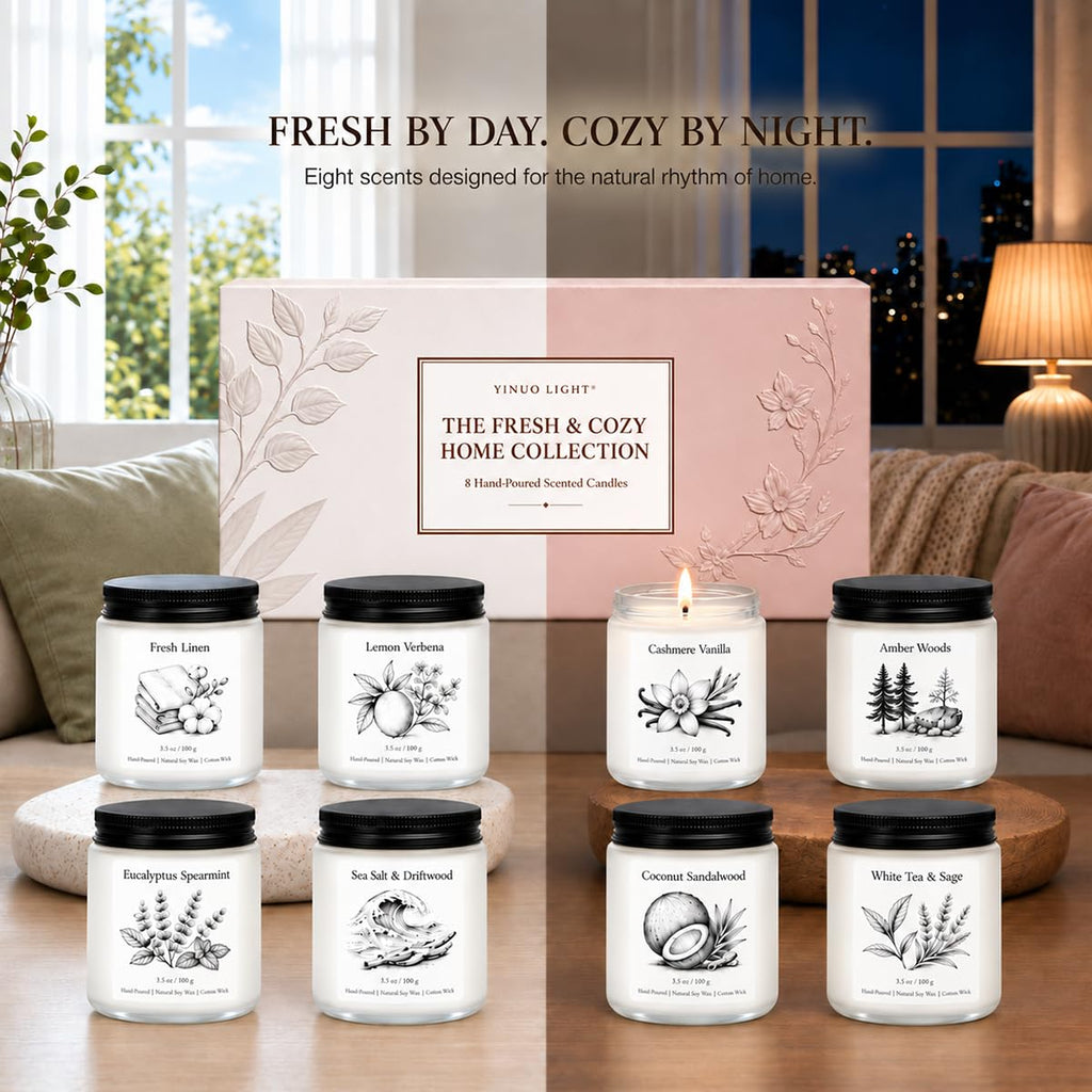 Scented Candles Gift Set 8-Piece, Soy Candles in Frosted Glass, Fresh by Day, Cozy by Night - Eight 3.5 oz Soy Candles